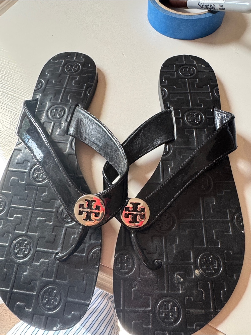 Tory Burch Black Logo Medallion Flip Flop Sandals